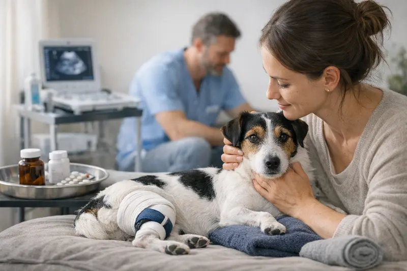 Hundekrankenversicherung und zusätzliche Kosten Eine Hundebesitzerin, die mit ihrem Hund beim Tierarzt über Behandlungskosten und Zusatzkosten spricht.