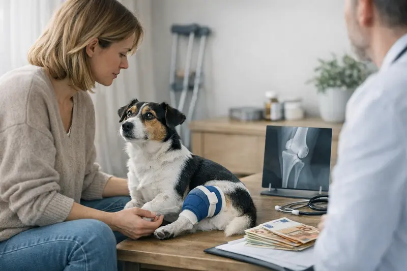 Diagnose einer Patellaluxation bei einem Hund Ein Arzt untersucht das Bein eines Hundes, um eine Patellaluxation zu diagnostizieren.