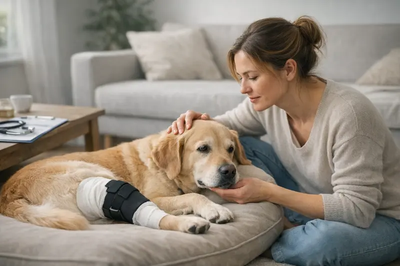 Hundekrankenversicherung Tarifvergleich Ein Hundebesitzer vergleicht verschiedene Hundekrankenversicherungstarife am Laptop.