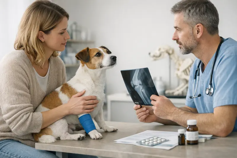 Hund und Tierarzt bei Patellaluxation Hund bei Tierarztuntersuchung wegen Patellaluxation