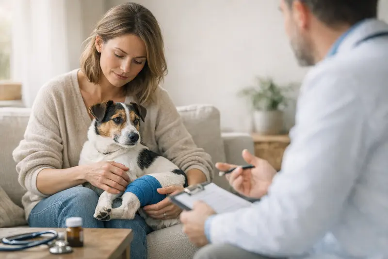 Tierarztbesuch Hund mit Symptomen Hund beim Tierarzt mit besorgtem Halter nach einer Diagnose