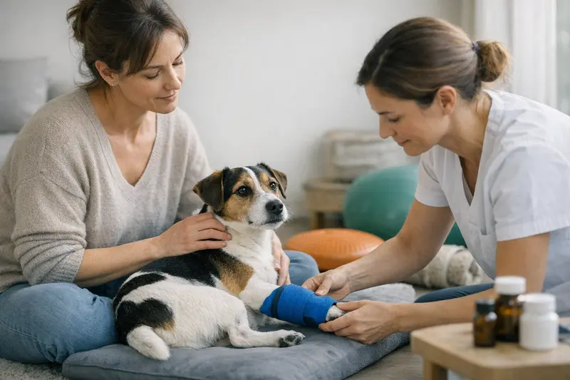 Physiotherapie für Hunde zur Wiederherstellung der Gesundheit Ein Hund erhält Physiotherapie von einem erfahrenen Tierphysiotherapeuten für die Wiederherstellung seiner Gesundheit.