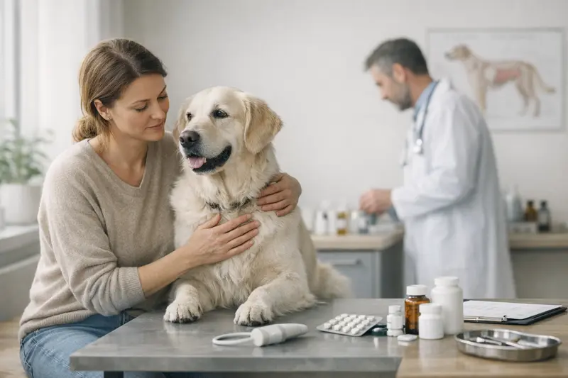 Ein Hundebesitzer bespricht mit einem Tierarzt die verschiedenen Versicherungsoptionen für sein Haustier.