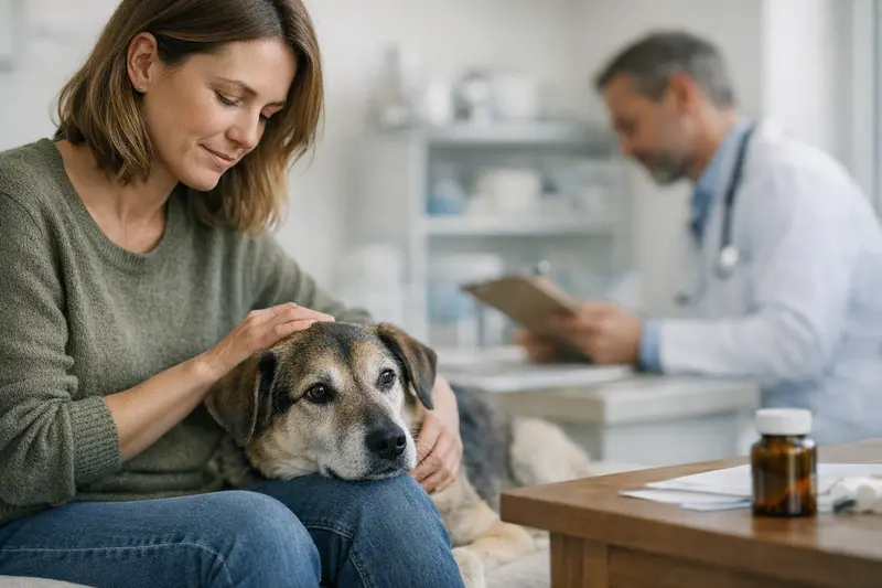 Ein Hundebesitzer steht besorgt vor einem Tierarzt und diskutiert die Versicherungsmöglichkeiten für seinen Pflegehund.