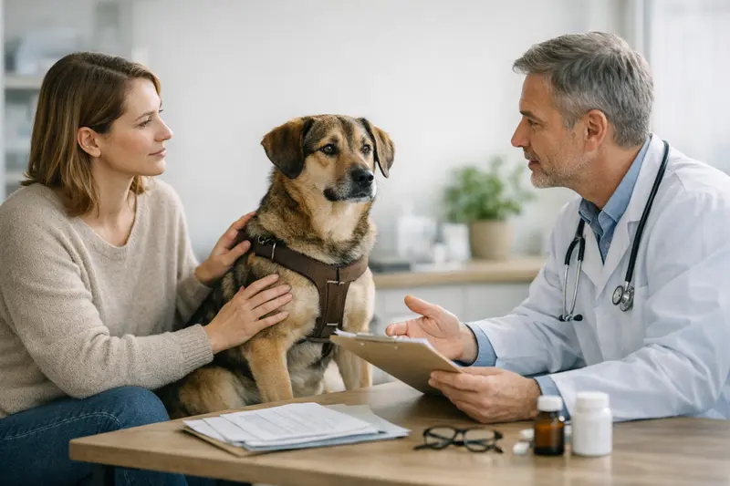 Ein Pflegehund erhält eine tierärztliche Untersuchung, um die Tierarztkosten zu klären.