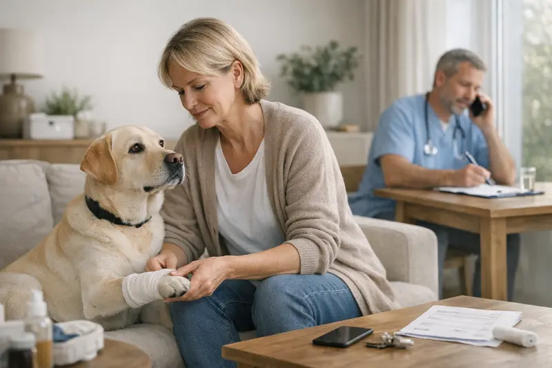 Hundehaftpflichtversicherung in der Pflegezeit Glücklicher Hund mit Betreuungsperson während einer Tierarztbesuch.