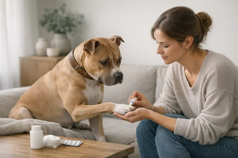 Eine glückliche Familie mit ihrem Hund beim Tierarzt, während sie über Vorsorgeleistungen einer Hundeversicherung sprechen.