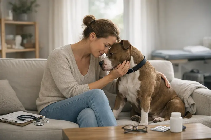 Hundeversicherung für Pitbull-Halter Pitbull-Halter mit ihrem Hund, der die Bedeutung einer Hundehaftpflichtversicherung erkennt.