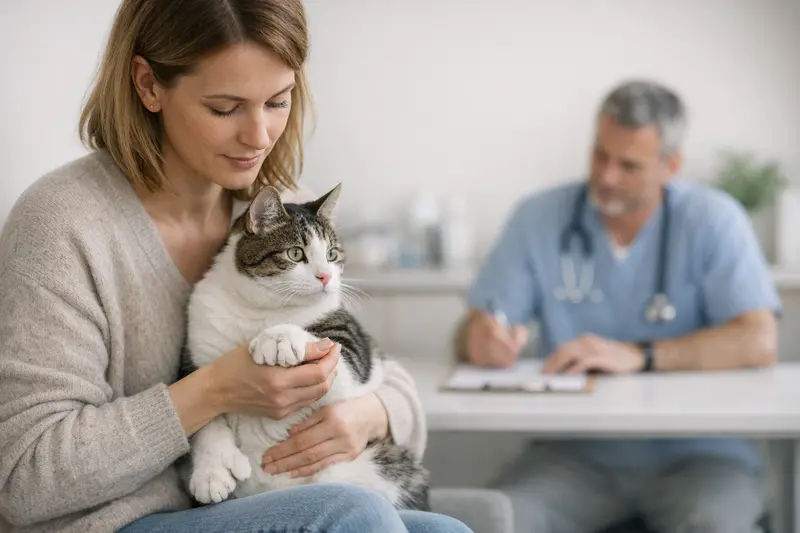 Polydaktylie bei Katzen und ihre Versicherungsrelevanz Eine Glückliche Katze mit Polydaktylie und Tierarzt
