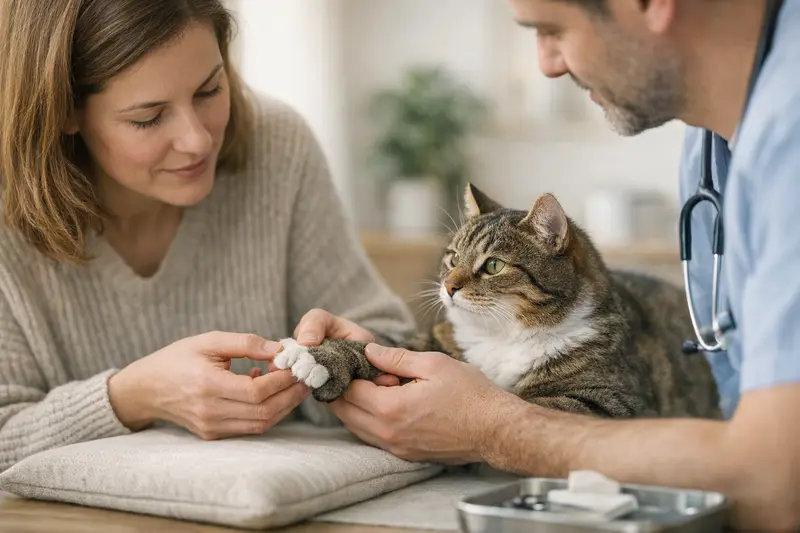 Polydaktylie bei Katzen verstehen Eine Polydaktylie-Katze mit zusätzlichen Zehen auf einem beruhigenden Hintergrund.