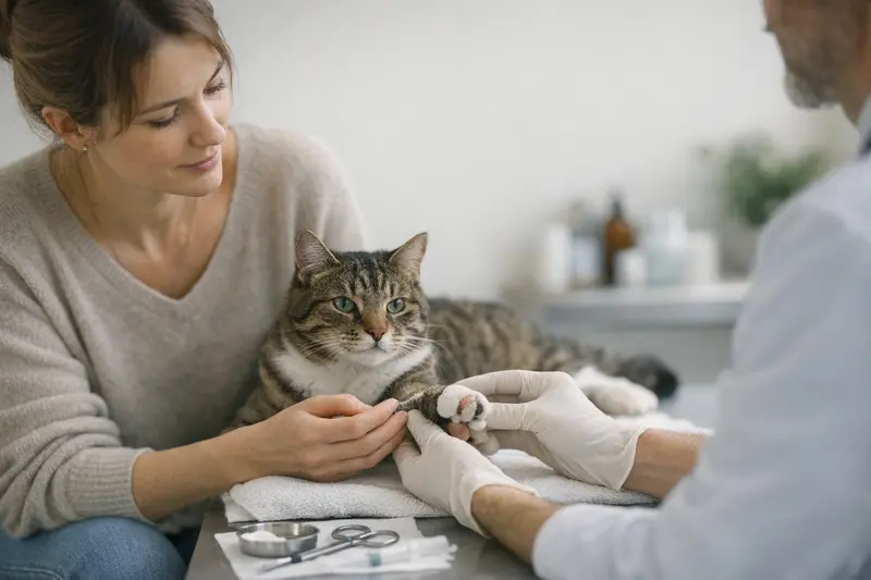 Katzenversicherung und Tierarztbehandlungen Tierarzt untersucht die Pfote einer Katze auf mögliche Verletzungen.