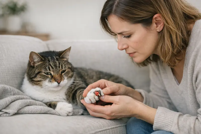 Polydaktyle Katze beim Tierarzt Polydaktyle Katze untersucht von Tierarzt wegen Humpeln und Schmerzen.