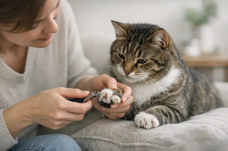 Polydaktyle Katze und ihre speziellen Krallenprobleme Polydaktyle Katze mit überlangen und einwachsenden Krallen auf einer weichen Unterlage.