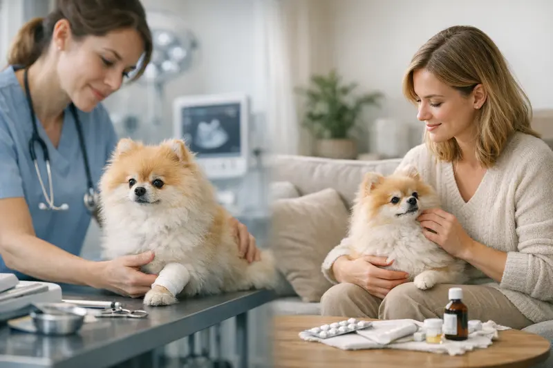 Pomeranian bei einem Tierarzt, der über OP-Schutz und Vollschutz informiert