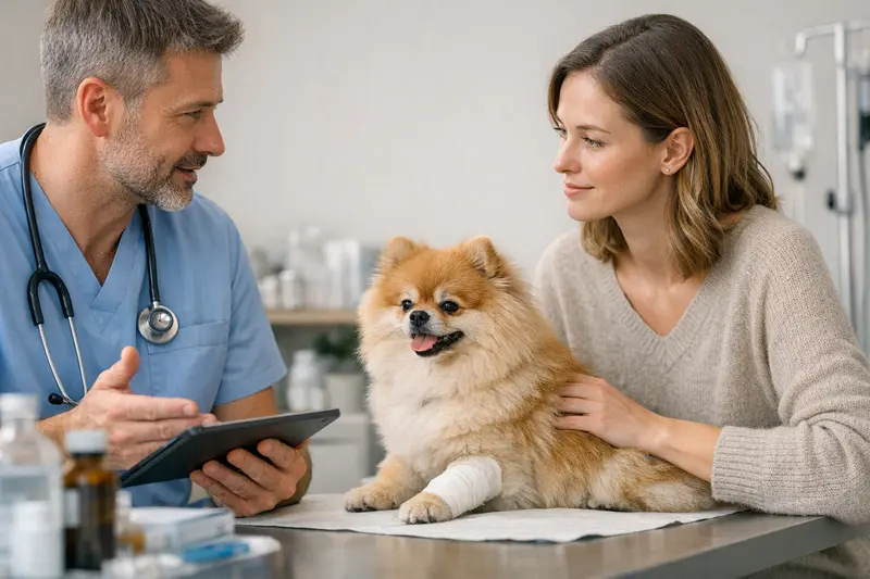 Ein Hund bei der tierärztlichen Untersuchung, die Kosten einer Hundekrankenversicherung werden darüber nachgedacht.