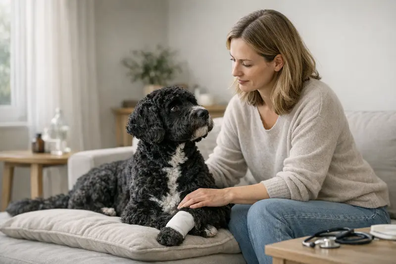 Portugiesischer Wasserhund – OP-Versicherung im Fokus Ein Portugiesischer Wasserhund in einem tierärztlichen Untersuchungskontext, der die Relevanz einer Op-Versicherung verdeutlicht.