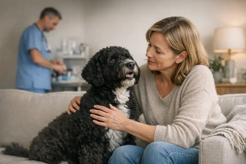 Portugiesischer Wasserhund und OP-Versicherung Ein Portugiesischer Wasserhund beim Tierarzt, der mit einer OP-Versicherung behandelt wird.