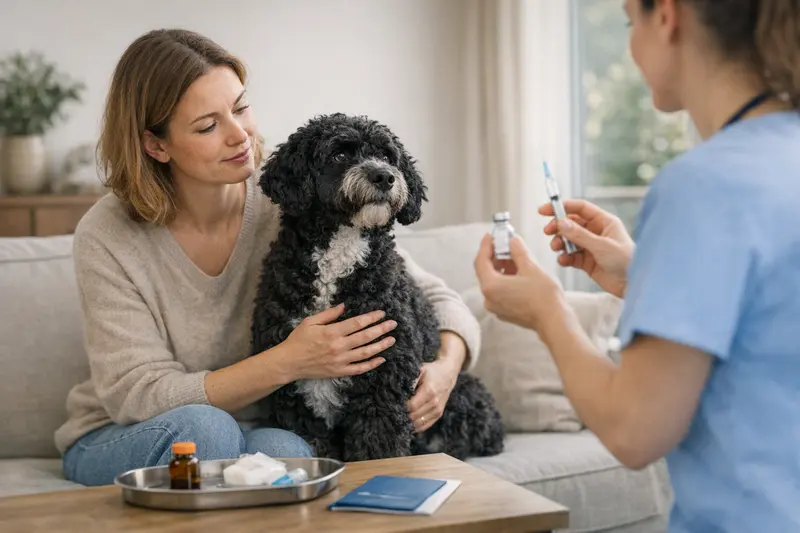 Tierarztbesuch Impfungen Hundeversicherung Ein gesunder Hund beim Tierarzt für eine Impfung, die von einer Krankenversicherung übernommen werden könnte.