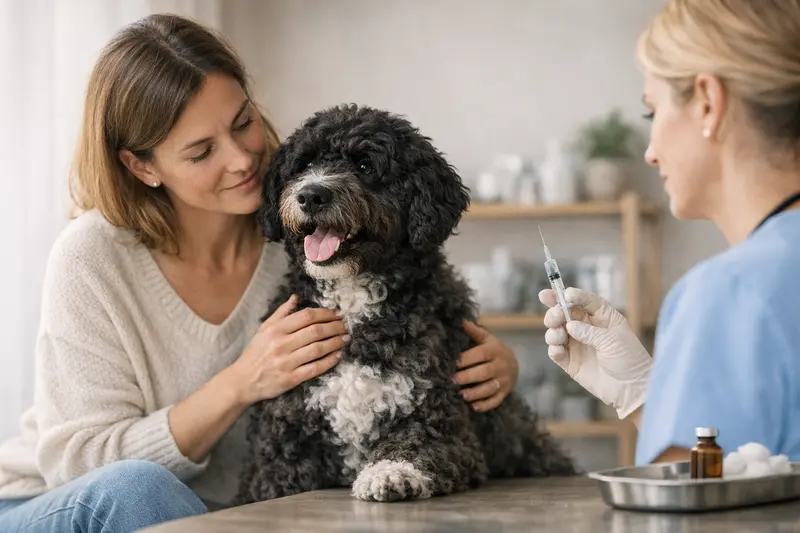 Hundeimpfungen beim Tierarzt Ein Hund auf dem Untersuchungstisch beim Tierarzt, der für seine Impfungen vorbereitet wird.