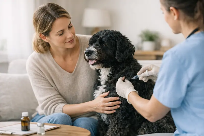 Impfung bei Hunden im Rahmen der Krankenversicherung Der Arzt impft einen Hund während einer Vorsorgeuntersuchung.