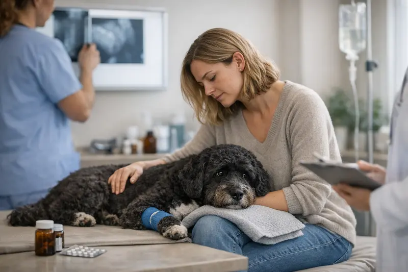 Diagnostik beim Portugiesischen Wasserhund Portugiesischer Wasserhund während einer Tierarztuntersuchung zur Diagnostik