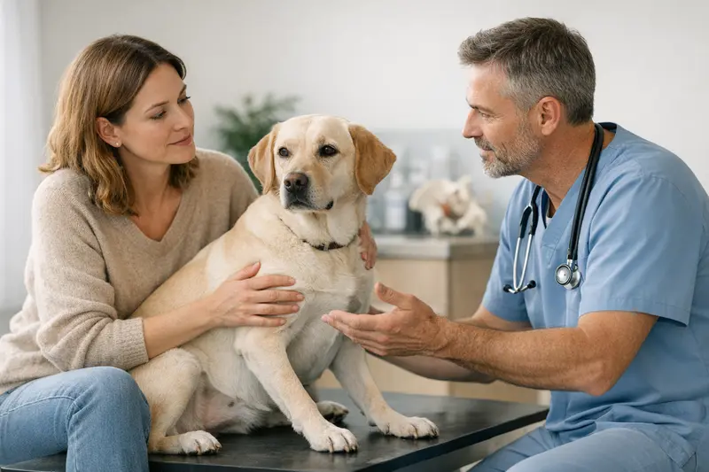 Eine Tierärztin erklärt einem Hundebesitzer die Vorteile der Kastration zur Vorbeugung von Pyometra.