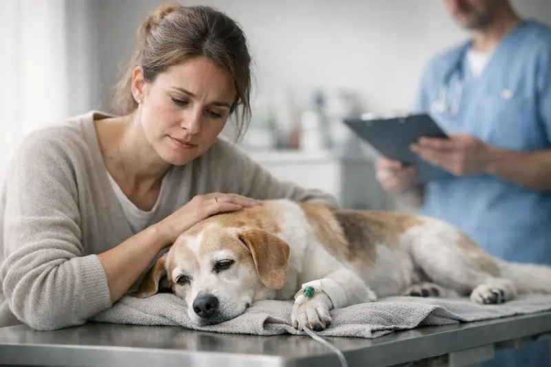Pyometra beim Hund: Notfall erkennen Ein Hund mit Anzeichen von Pyometra beim Tierarzt.