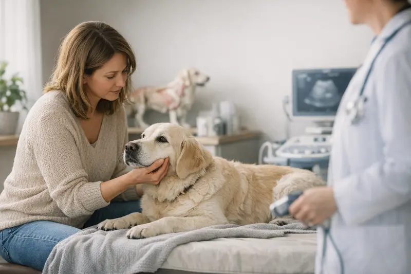 Eine Tierärztin erklärt einem Hundebesitzer die Vorteile der Kastration zur Vorbeugung von Pyometra.