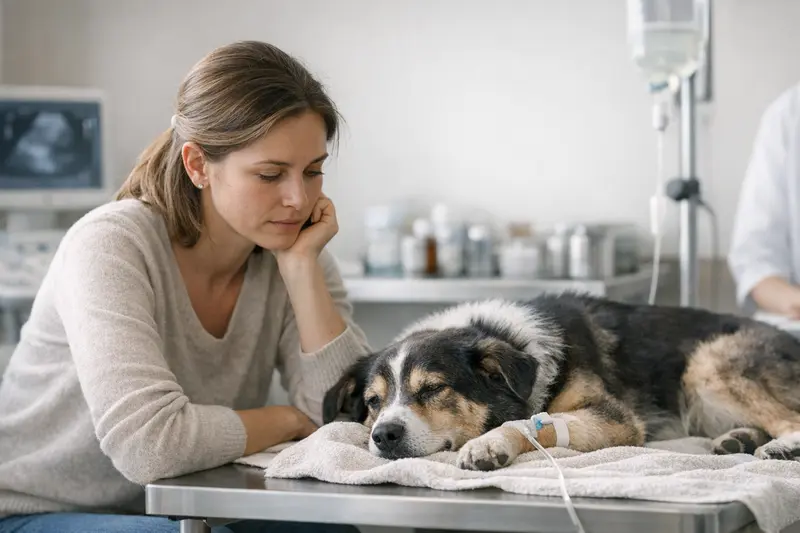 Tierarztbesuch zur Behandlung von Pyometra bei Hunden Ein Hund sitzt beim Tierarzt zur Untersuchung auf einem Tisch.