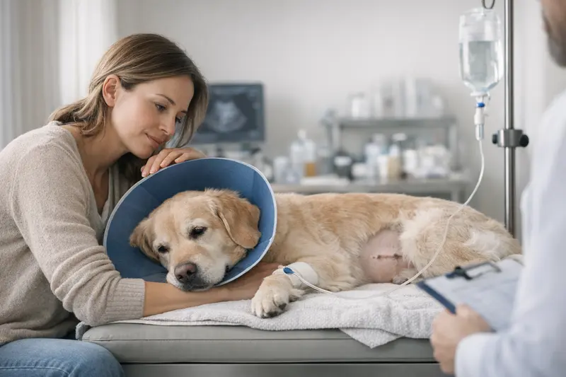 Pyometra und OP-Versicherung für Hunde Hundebesitzer, der mit seinem Tierarzt über Pyometra und OP-Versicherungsoptionen spricht.