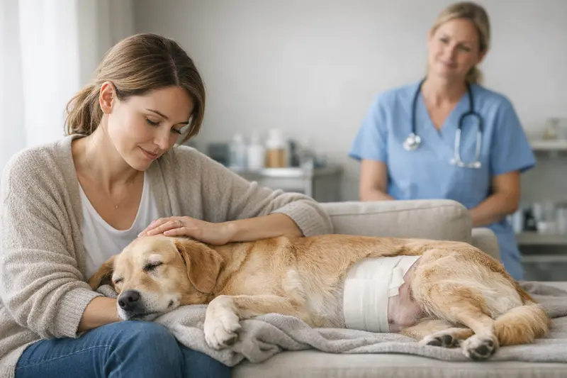 Hund liegt vertrauensvoll beim Tierarzt während einer Untersuchung zur Pyometra-Versicherung.