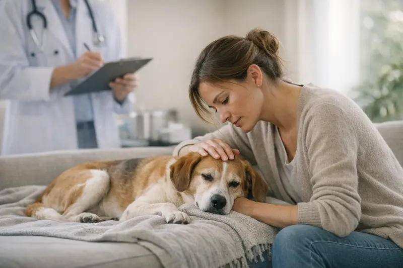 Notfall Pyometra beim Hund Ein Tierarzt behandelt einen Hund mit Verdacht auf Pyometra, während die besorgte Hundebesitzerin zusieht.