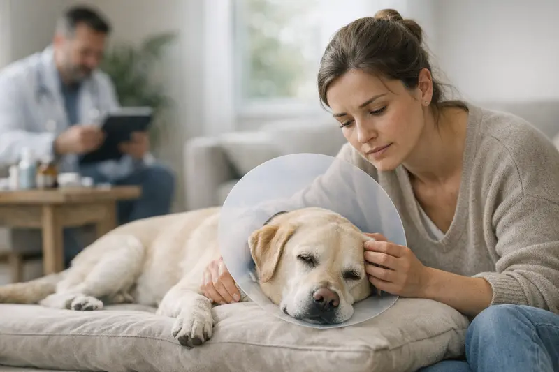 Gesunder Hund in der Tierarztpraxis für eine Untersuchung vor dem Versicherungsabschluss