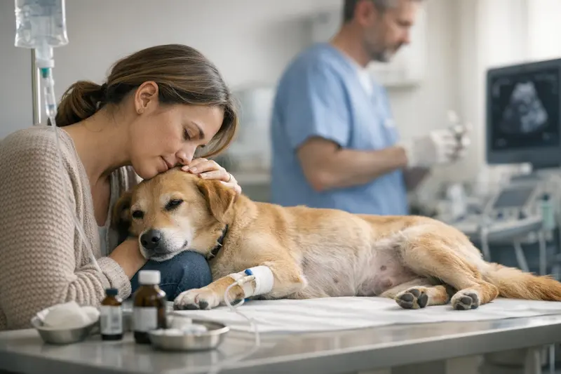 Diagnostik Pyometra Hund Hund beim Tierarzt zur Diagnostik einer Pyometra-Erkrankung