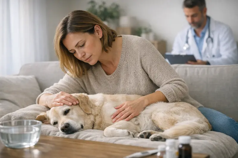 Erkennung einer geschlossenen Pyometra bei Hunden Eine Hundebesitzerin beobachtet ihren müden Hund auf dem Sofa.