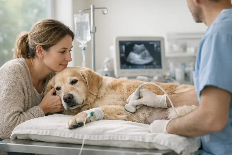 Tierarztberatung zur OP-Versicherung für Hunde Ein Tierarzt erklärt einem Hundehalter die Kostenübernahme für Ultraschalluntersuchungen und Infusionen bei einer OP-Versicherung.