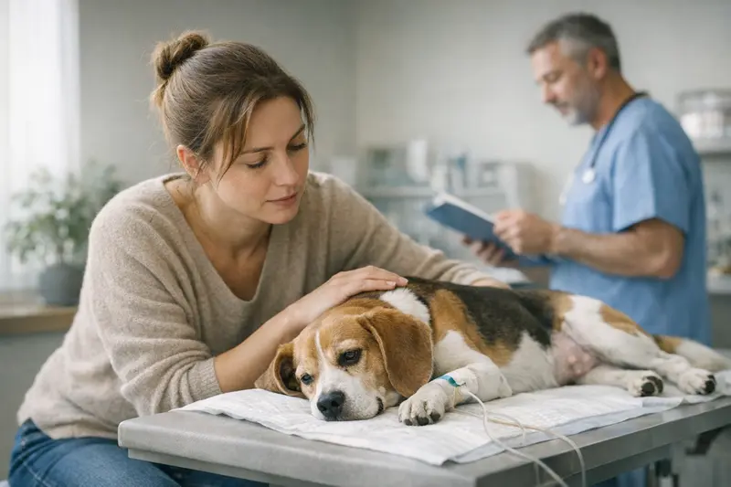 Ein Hund wird von einem Tierarzt untersucht, um Symptome zu klären.