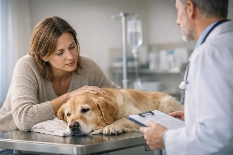 Hund beim Tierarzt, der auf Symptome untersucht wird, im Kontext der Versicherungsschutzfragen.
