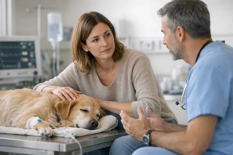 Ein Hund beim Tierarzt, der Notfallbehandlung benötigt, mit einem aufmerksamen Tierarzt.