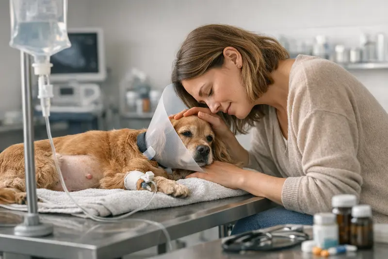 Veterinär inspiziert einen Hund mit Verdacht auf Pyometra, während eine Assistentin hilft.