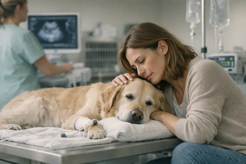 Hund Pyometra Untersuchungskosten Ein Hund bei einem Tierarzt zur Untersuchung auf Pyometra.