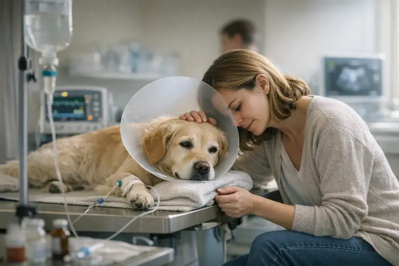 Eine Tierärztin untersucht einen Hund mit Verdacht auf Pyometra.