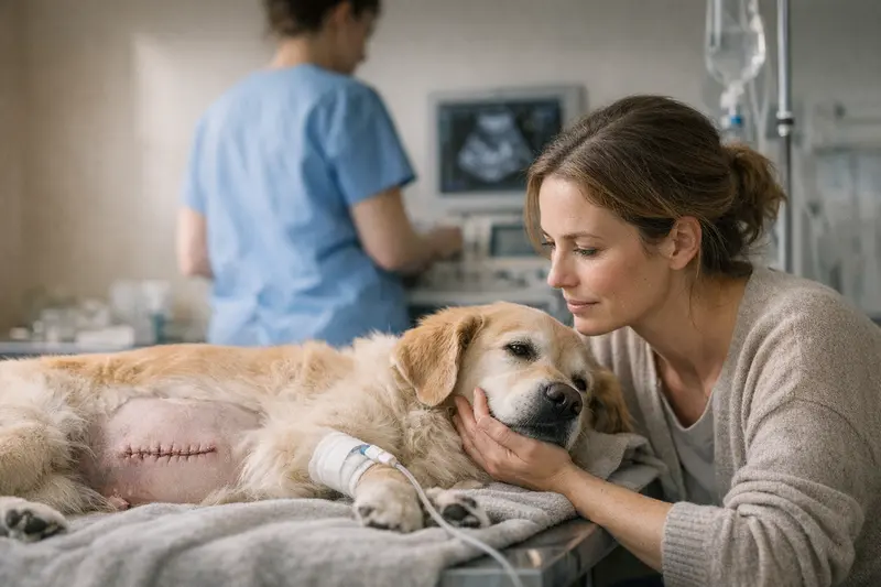 Tierarzt bei der Untersuchung eines Hundes mit Verdacht auf Pyometra