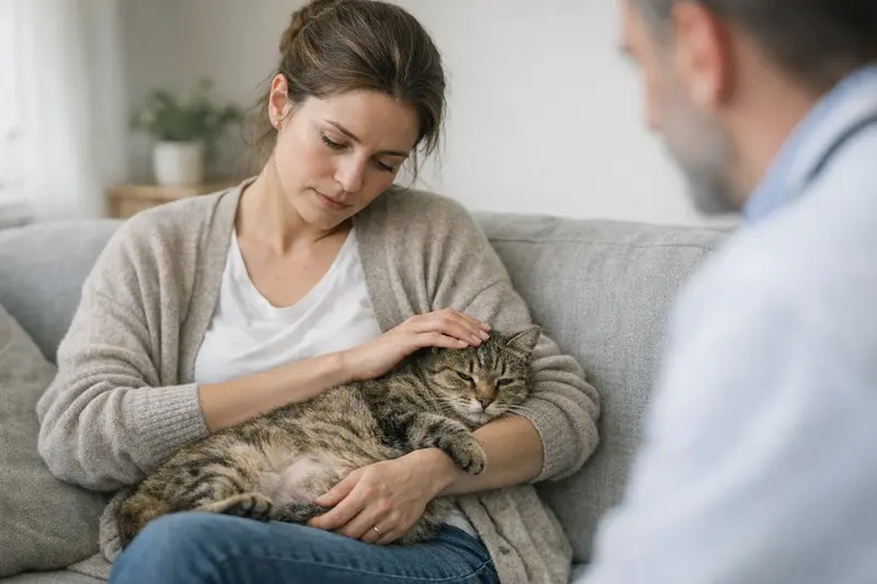 Katzenuntersuchung beim Tierarzt Eine Katze, die beim Tierarzt untersucht wird, um auf Pyometra überprüft zu werden.