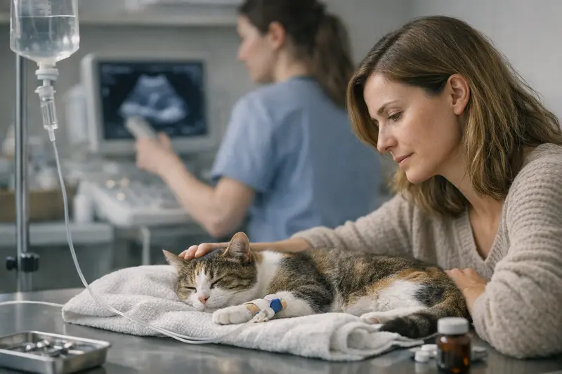 Tierarzt untersucht eine Katze auf Anzeichen von Pyometra.