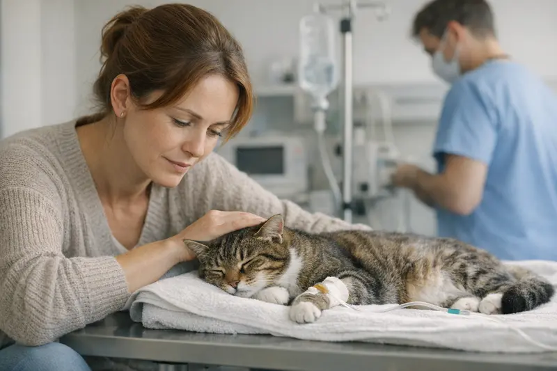 Katzenversicherung und Pyometra-OP Eine Katze im Tierarztstuhl, bereit für eine Pyometra-Operation.