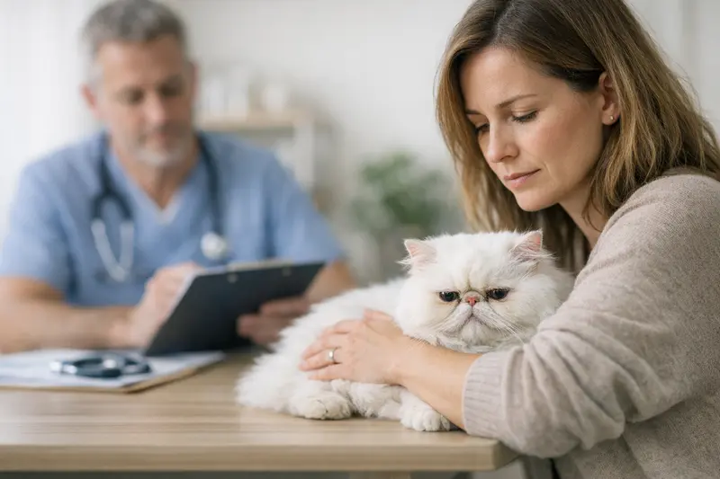 Tierarztbesuch einer Katze mit Qualzucht-Merkmalen Tierarzt untersucht eine Katze mit Qualzucht-Merkmalen auf mögliche gesundheitliche Probleme.
