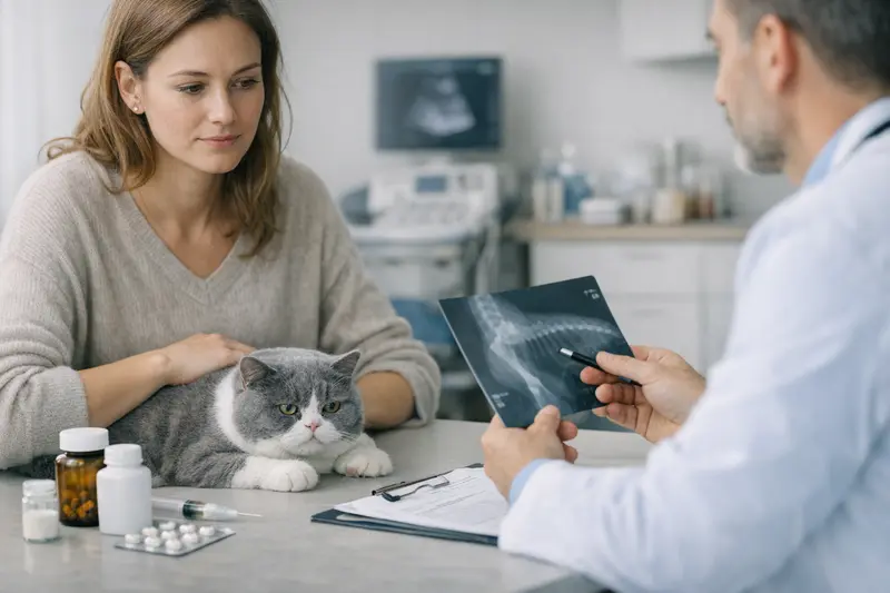 Tierarztkosten bei chronischen Beschwerden von Katzen Tierarztkosten für eine Katze mit chronischen Beschwerden während einer Untersuchung.