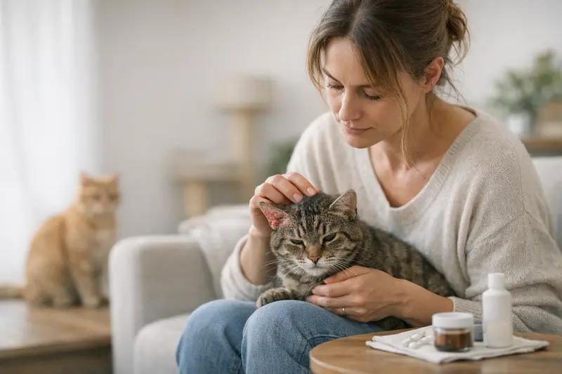 Eine Katze mit geröteter Haut, die auf Räude untersucht wird.