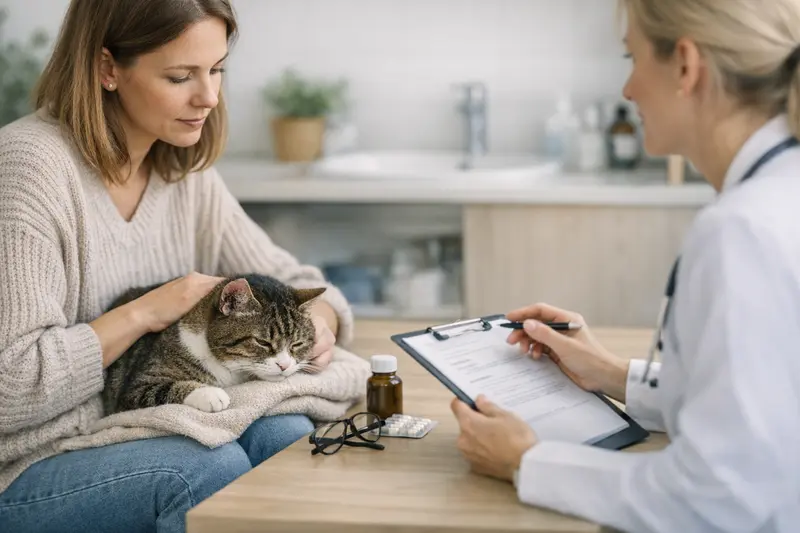 Katze mit Symptomen beim Tierarzt Katze beim Tierarzt, die Symptome zeigt und behandelt wird.